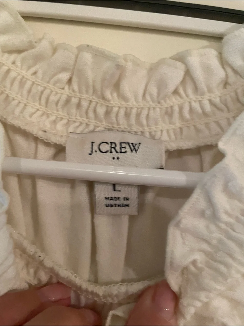 J. Crew White Ruffle Neck Swiss Dot Top